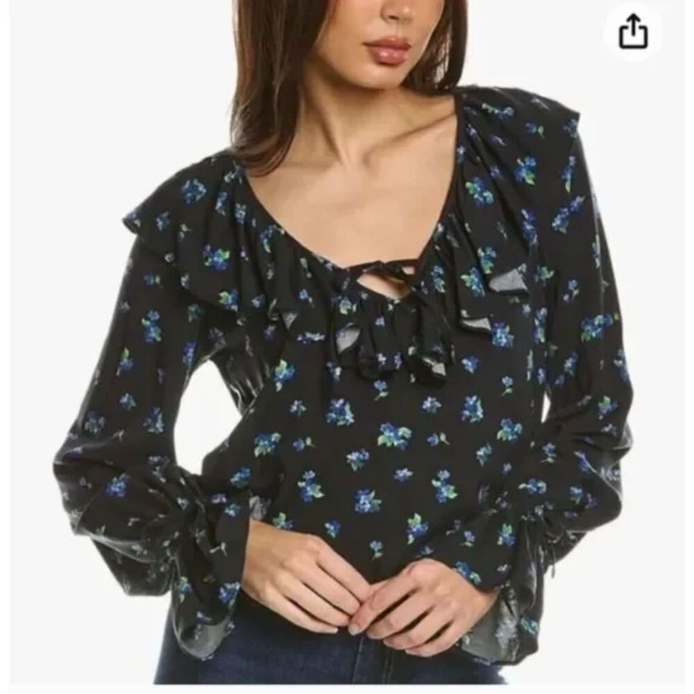 Anthropologie WeWoreWhat Floral Ruffle Blouse Watercolor Ditsy, Black Multi, M‎